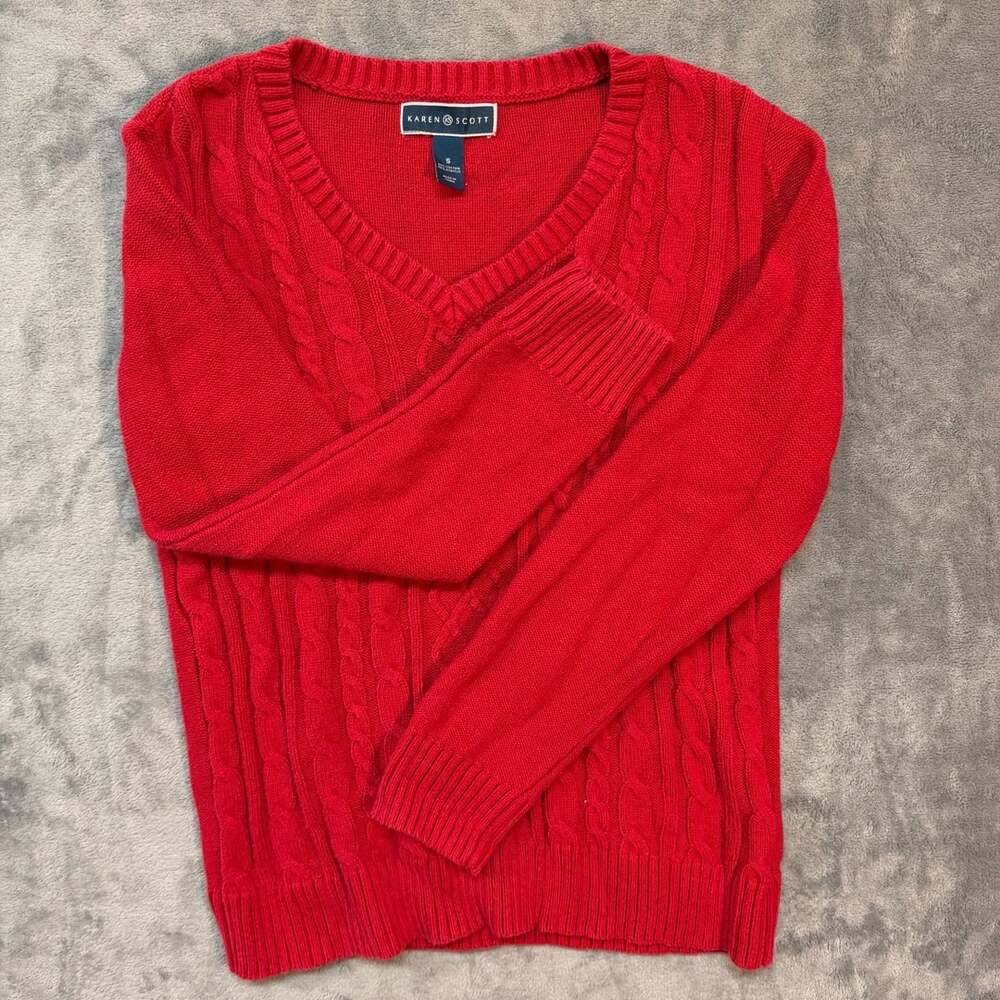 Karen Scott Red Cable Knit V-Neck Sweater Size S